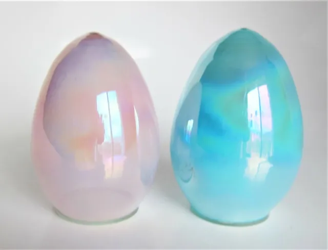 2x Easter Glass Eggs Iridescent Pink & Aqua Teal Spring Home Decor
