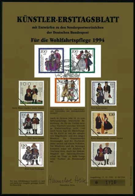 Brd Künstler-Etb 1994/38 1759/1761 Wohlfahrt Trachten Costumes