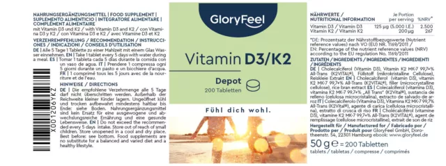 Vitamina D3 K2 200 Compresse 125mcg 267mcg Vitamine Vegetariane ad Alta Dose 3