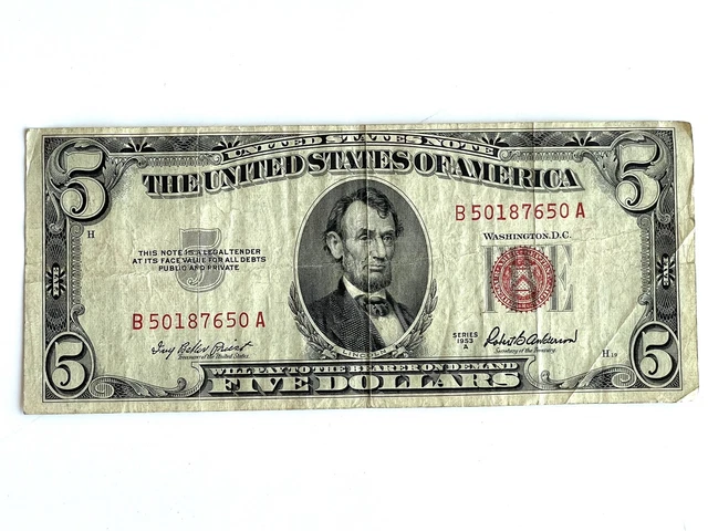 1953 A United States $5 Five Dollar Note - Red Seal Circulated