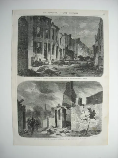 Gravure 1870. La Guerre. Incendie Du Village De Bazeilles, Ardennes. Prussiens..