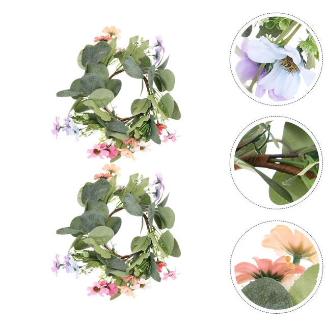 2 Pcs Green Leaf Candle Wreath Artificial Candle Garland Daisy Ring Wedding