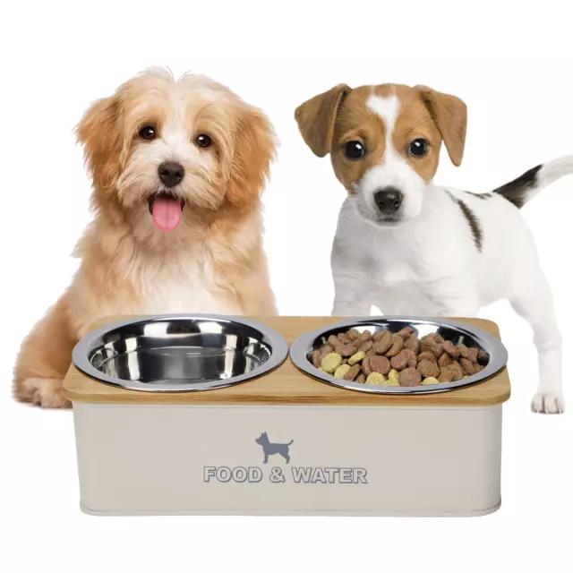 Pet Double Diner Food Water Bowl Feeding Station Dogs Cats Elevated Metal Stand