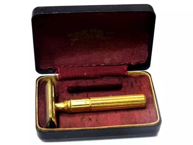 Vintage 1930's Era Gillette Gold Tone Razor w/Original Lined Case+ Added Blades