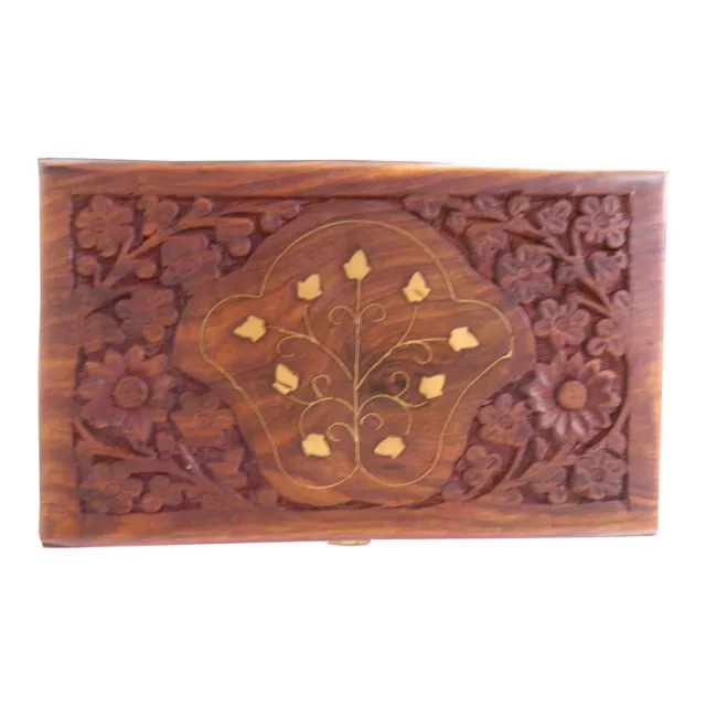 Cajita joyero Punjab 20x12x5cm tallada incrustaciones de latón caja madera baúl