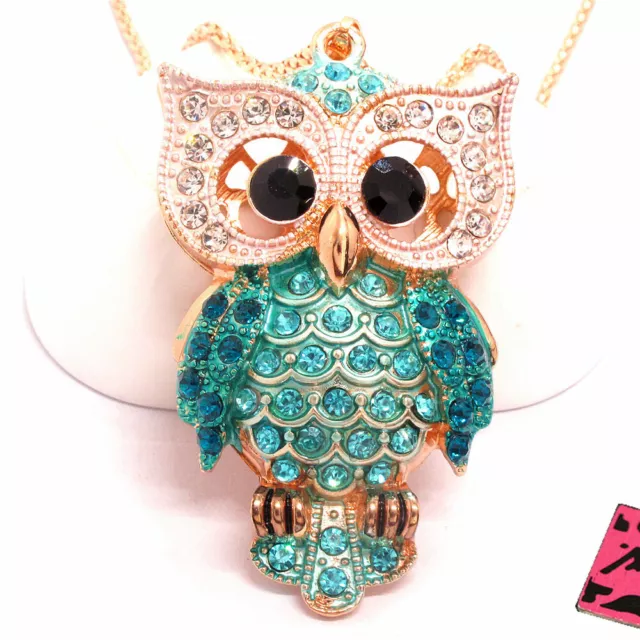 Hot Betsey Johnson Blue Enamel Cute Owl Crystal Animal Pendant  Chain Necklace