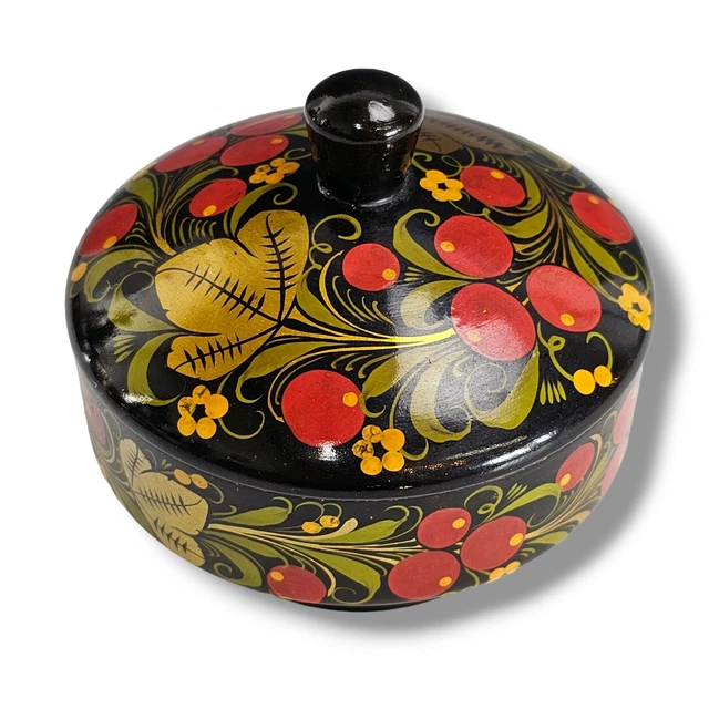 Vintage Russian Wood Trinket Lacquer Box Décor Black Gold Red Boho Late 20th C.
