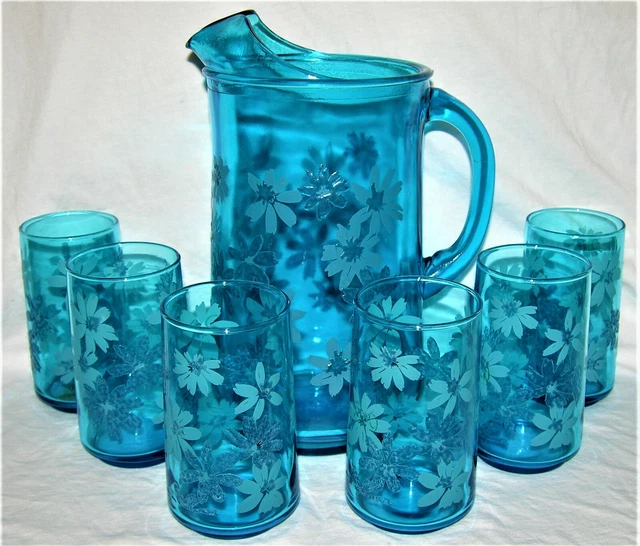 Vintage Light Blue Glass Embossed and Etched Floral Design 7 Piece Water Set