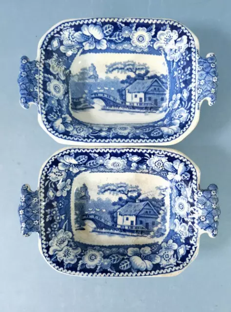 Pair of Antique Staffordshire Pickle Dishes Blue & White Ware, Scenic Pattern