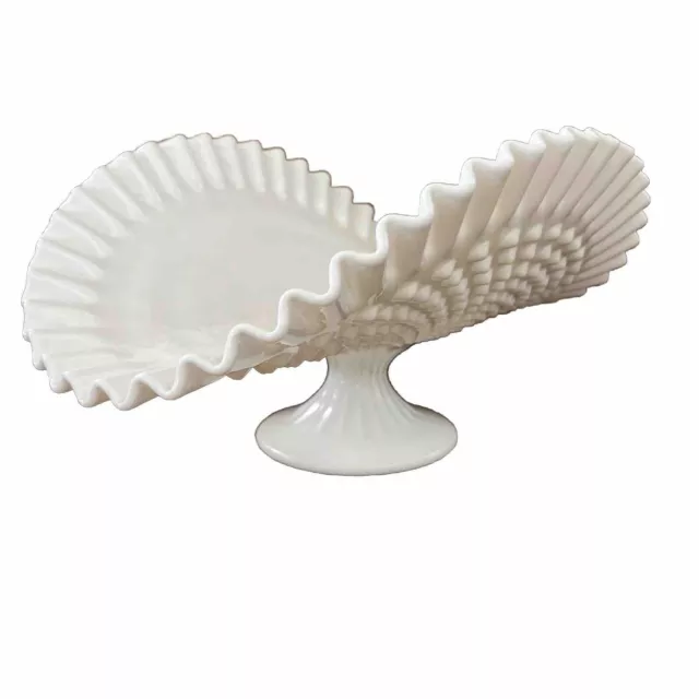 Fenton Hobnail Milk Glass Crimped Fanned Footed Banana Pedestal Fruit Dish Vtg