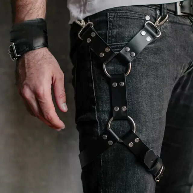 Men Leather Body Bondage Jeans Pants Leg Garter Belt Harness Goth Trouser Strap