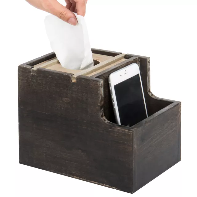 MyGift Rustic Two Tone Wood Square Tissue Box Cover with Vanity Organizer Bin