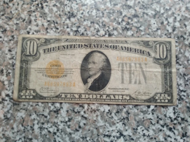 1928 Series 10$ Gold Certificate Bill A68597883 Ten Dollar Note