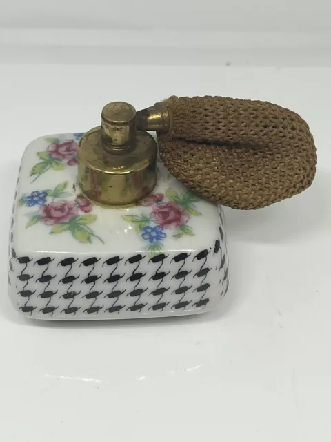 Vintage Porcelain Atomiser Perfume Bottle. Floral & Black & White Pattern