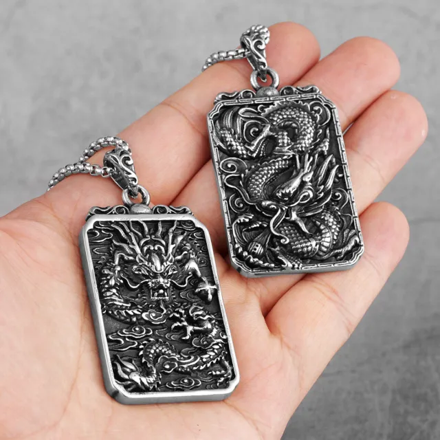 Chinese Dragon Amulet Stainless Steel Silver Men Necklace Pendant Chain