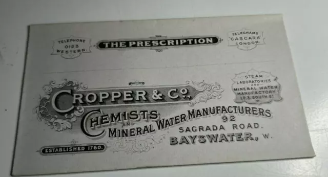 Antique Prescription Envelope Salesman's Sample  Cropper Chemist Bayswater Blue