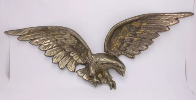 Cast Steel Iron Metal Gold Brass Tone 3D Eagle 9" x 24" Vtg Wall Plaque Lg Heavy