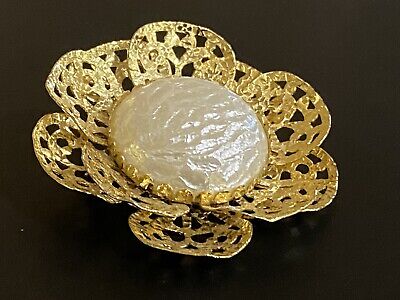 Vintage Large Faux Pearl Filigree Flower Petals Layered Gold Tone Brooch Pin