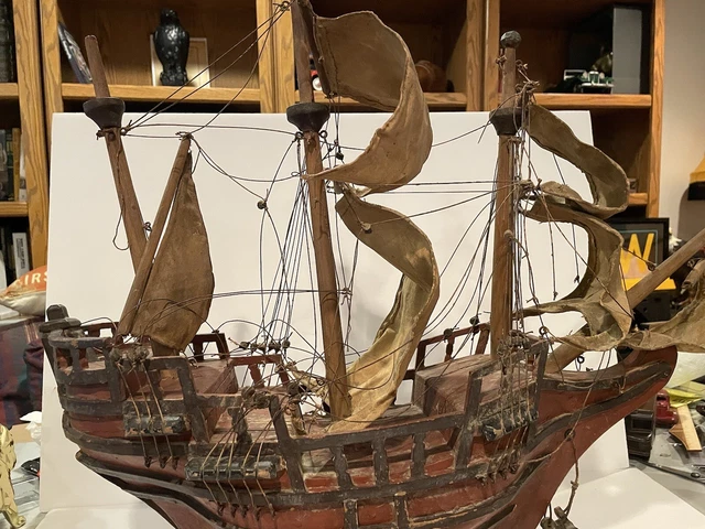 Vintage Wooden Old Tyme Sailing Ship On Wood Stand 21’ L  x 21 H