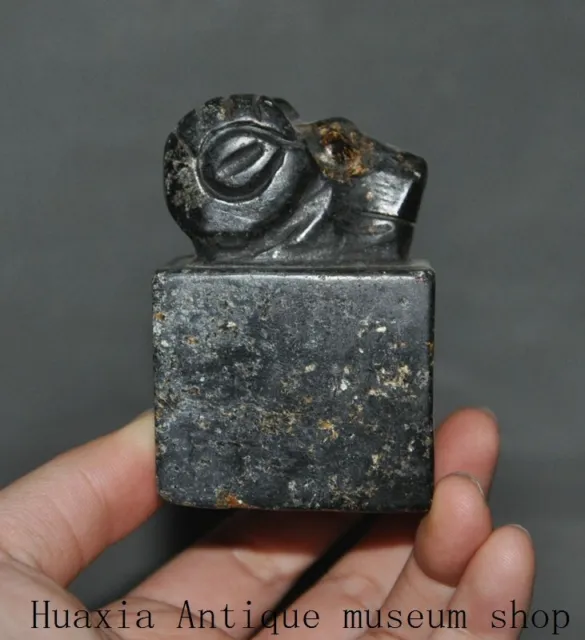 3"China Hongshan culture Old black jade stone carved Sheephead seal Stamp signet