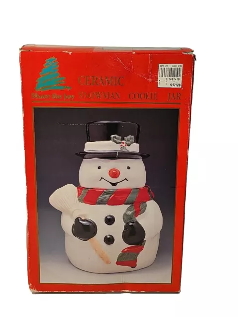 Vintage New Open Box ~ 2 Piece Ceramic Snowman Cookie Jar Canister Flawless