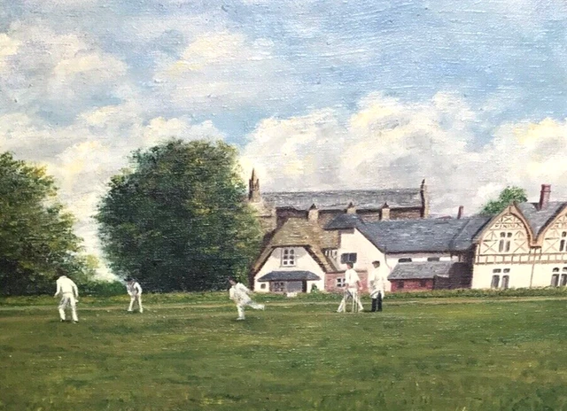 Quadro ad olio vintage incorniciato partita a cricket su tela firmato Adrian Brett