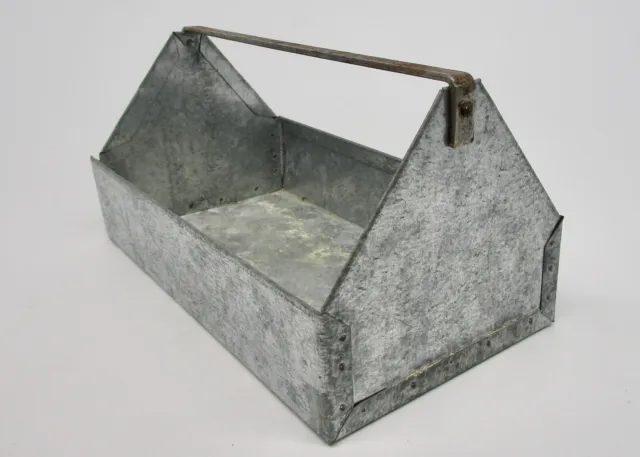 Vintage galvanized steel tool box caddy tote carrier garden industrial metal