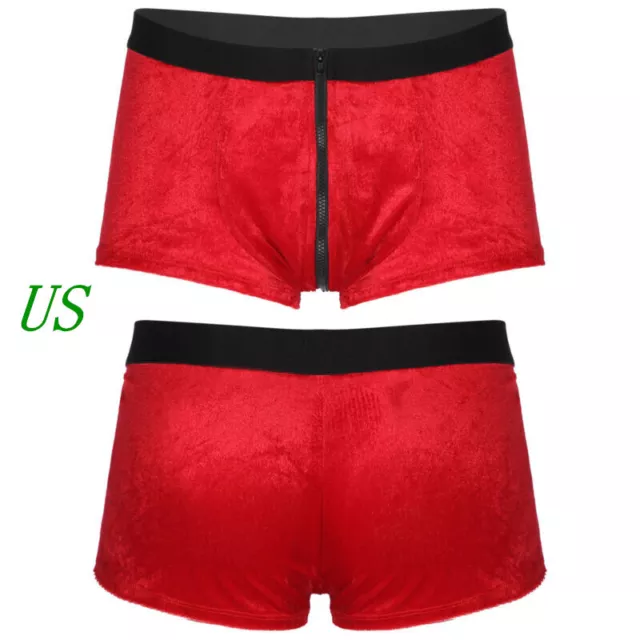 Men Red Santa Shorts Christmas Underwear Velvet Boxer Briefs Zipper Crotch Pants