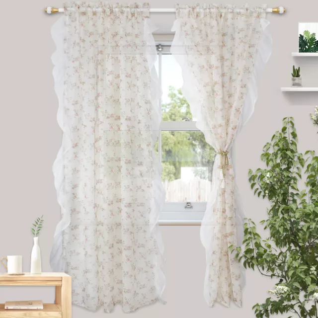 Rose Floral Sheer Curtains Living Room Wedding Voile Net Slot Top Window Drapes