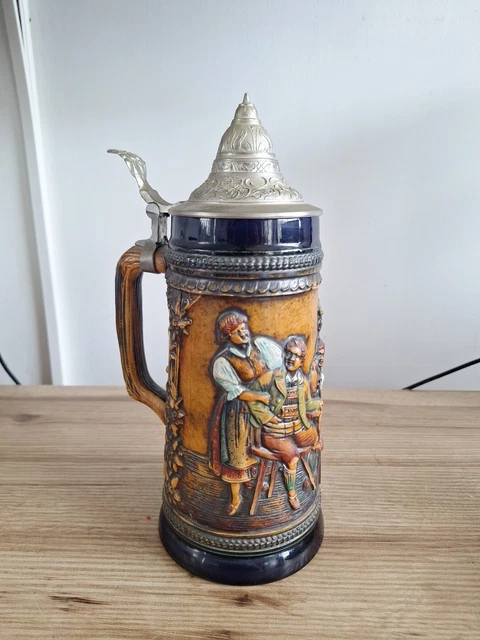 Chope De Bière Allemande Gerz Avec Couvercle étain - Céramique Multicolore, Vintage