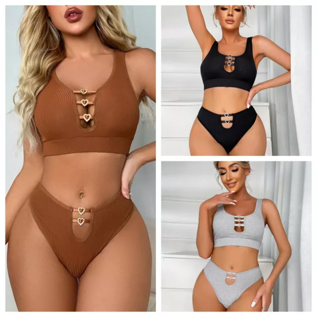 Womens Knit Sexy-Lingerie Set Sleepwear Bra Thong Babydoll Nightwear Pajamas Set
