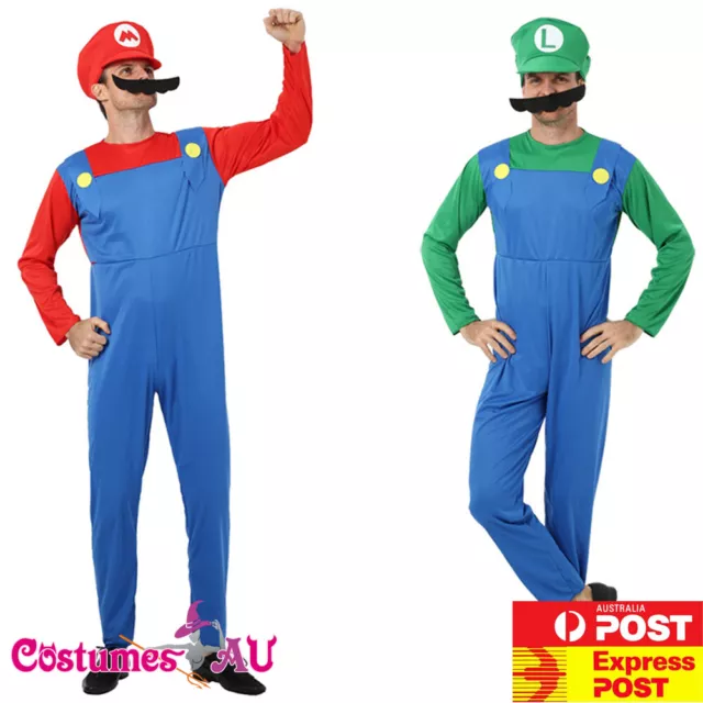 Men Super Mario Luigi Brothers Costume Hat Moustache Adult Party Jumpsuit