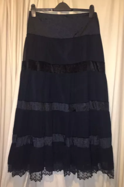 Long Black Lace Gothic Skirt With Velvet Stripes