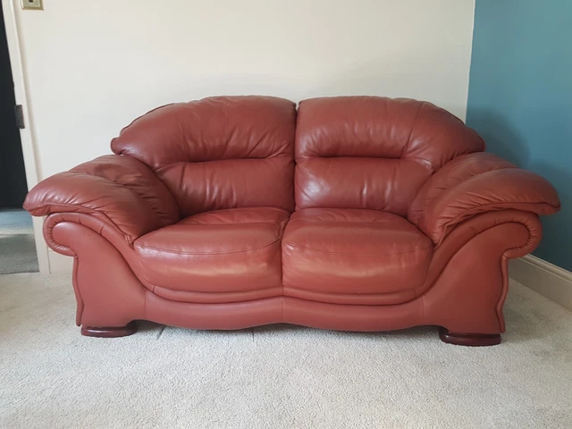 SCS  2 Seater Raspberry/Wine Soft Leather Sofa, Mahogany Bun Feet Fire Regs