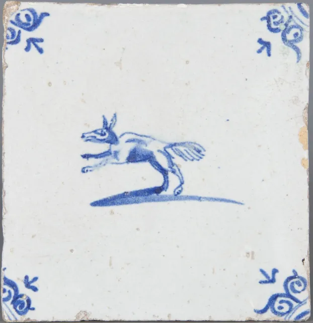 Nice Dutch Delft Blue animal tile, jumping fox, mid 17th century.