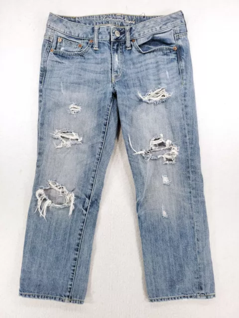 American Eagle Womens Sz 4 Boy Fit Cropped Straight Jeans Distressed Low Rise