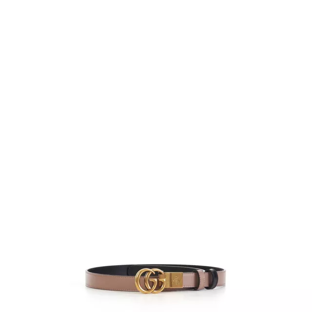 GUCCI 530$ GG Marmont Reversible 2cm Thin Belt Pink And Black Leather