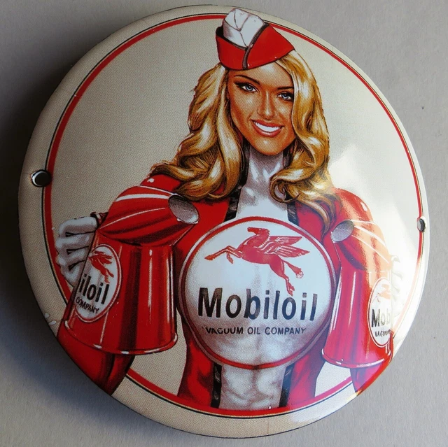 MOBILOIL Tür- Emailschild MAKELLOS Tankstelle Motor Öl Pegasus Tankwärtin PIN UP