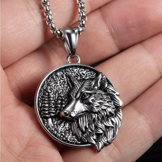 Men Wolf Head Necklace Stainless Steel Viking Nordic Round Pendant Chain Gift