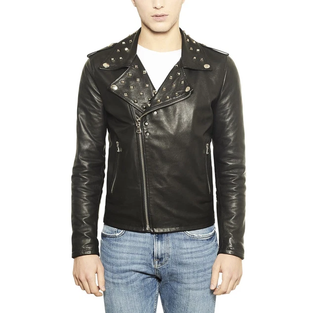 Jacket Leather Biker Motorcycle Mens Coat Vintage Bomber Lambskin Slim Black A5