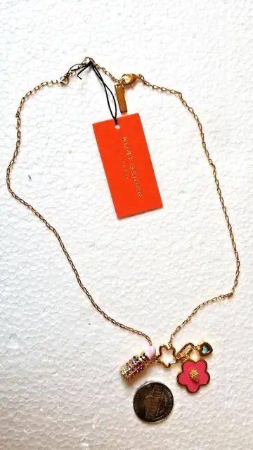 KURT GEIGER LONDON Lipstick Heart Flower Eagle Charm Gold Pendant Necklace 17"