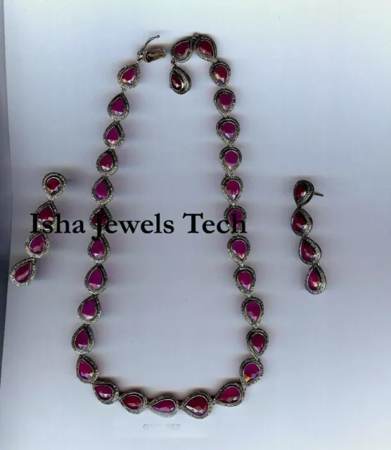 Natural Rose Cut Diamond & Dyed Ruby Gold & Sterling Silver Necklace Earrings