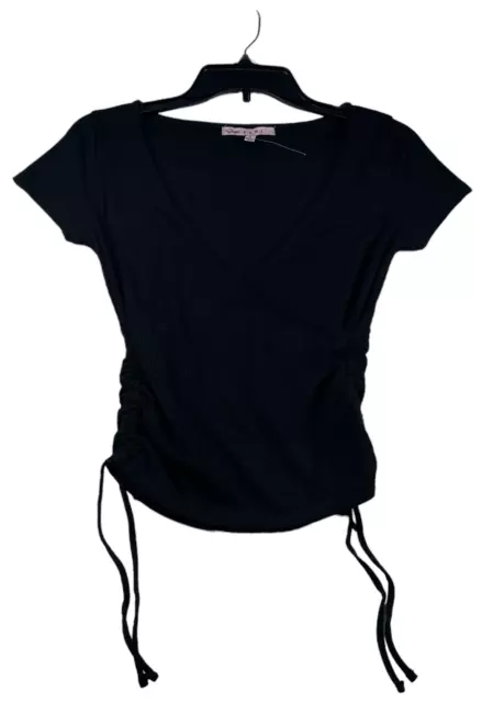 Crave Fame Blouse Womens size Small Black Crossover Vneck Ruched Sides  New