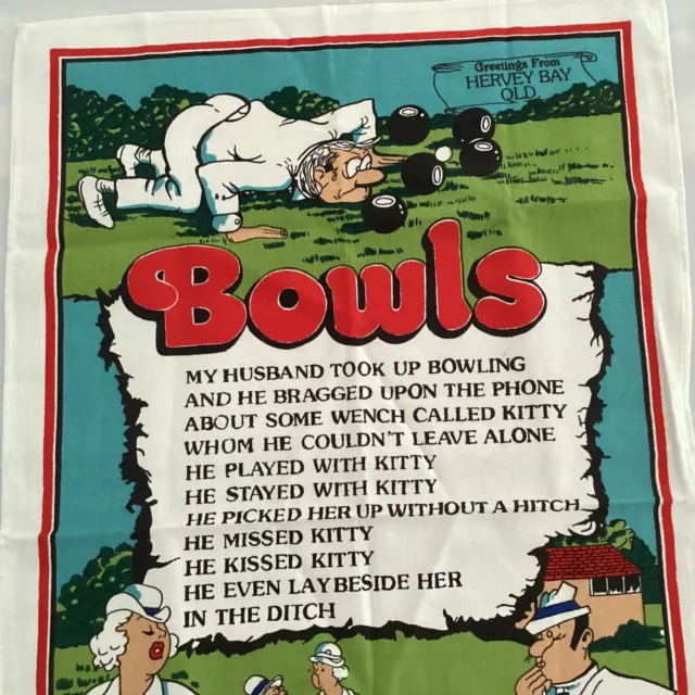 VINTAGE TEA TOWEL - BOWLS (WITH LAWN BOWLS POEM) Greetings from Hervey Bay Qld