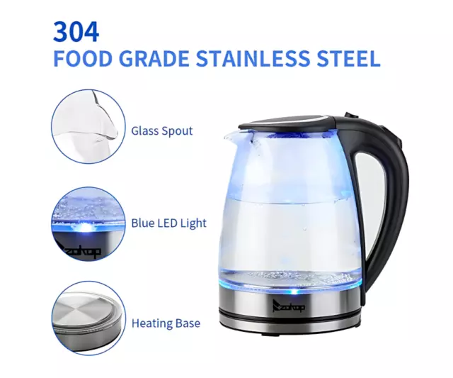 1.8L Electric Kettle Glass 360 Blue LED Illuminated Portable Jug 2000W
