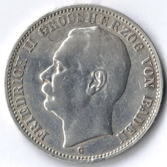 Baden 3 Mark 1909 G Friedrich II. Kaiserreich Silber