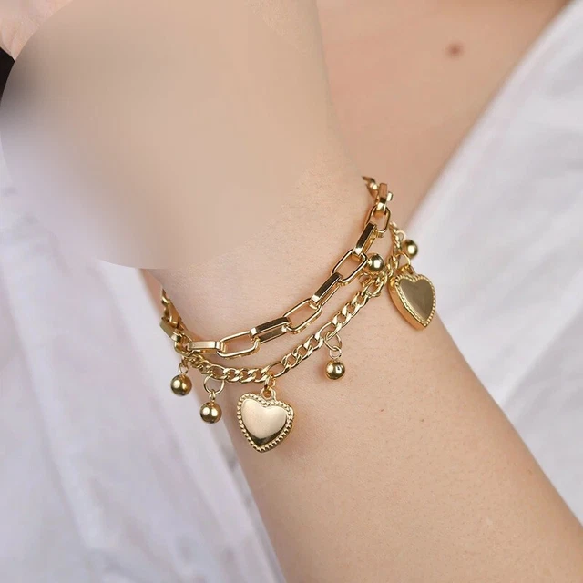 Bracelet Gourmette Souple En Acier Inoxydable Doré Avec Charms Cœurs - Neuf Avec étiquettes