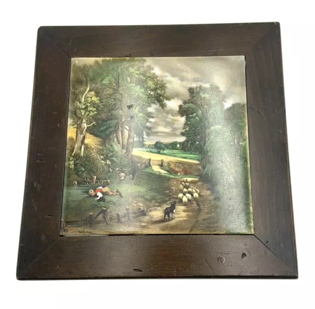 Handpainted English Tile Pastoral Scene in Footed Wood Trivet #2 Vintage