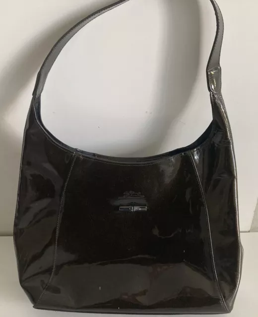 Longchamp Roseau Toggle Patent Leather Purse Brown  Top Handle Single Strap Bag