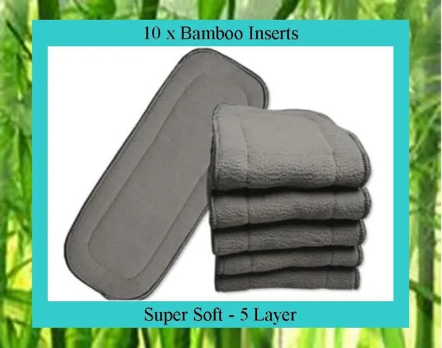 10 x Bamboo 5 Layer Charcoal Inserts / Boosters for Cloth Nappies 35cm x 13.5cm